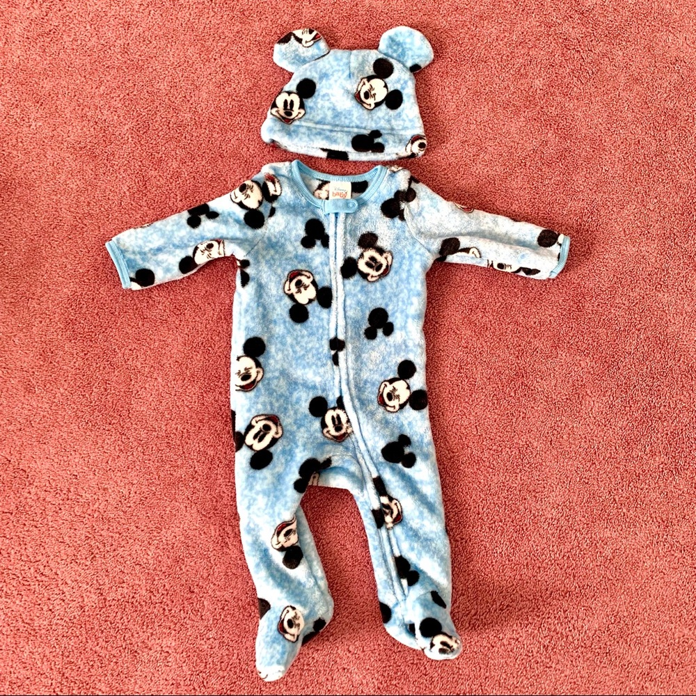 Disney Baby Boy Blue Mickey Mouse Zip-Up Fleece Sleep N’ Play Pajamas+ Hat
